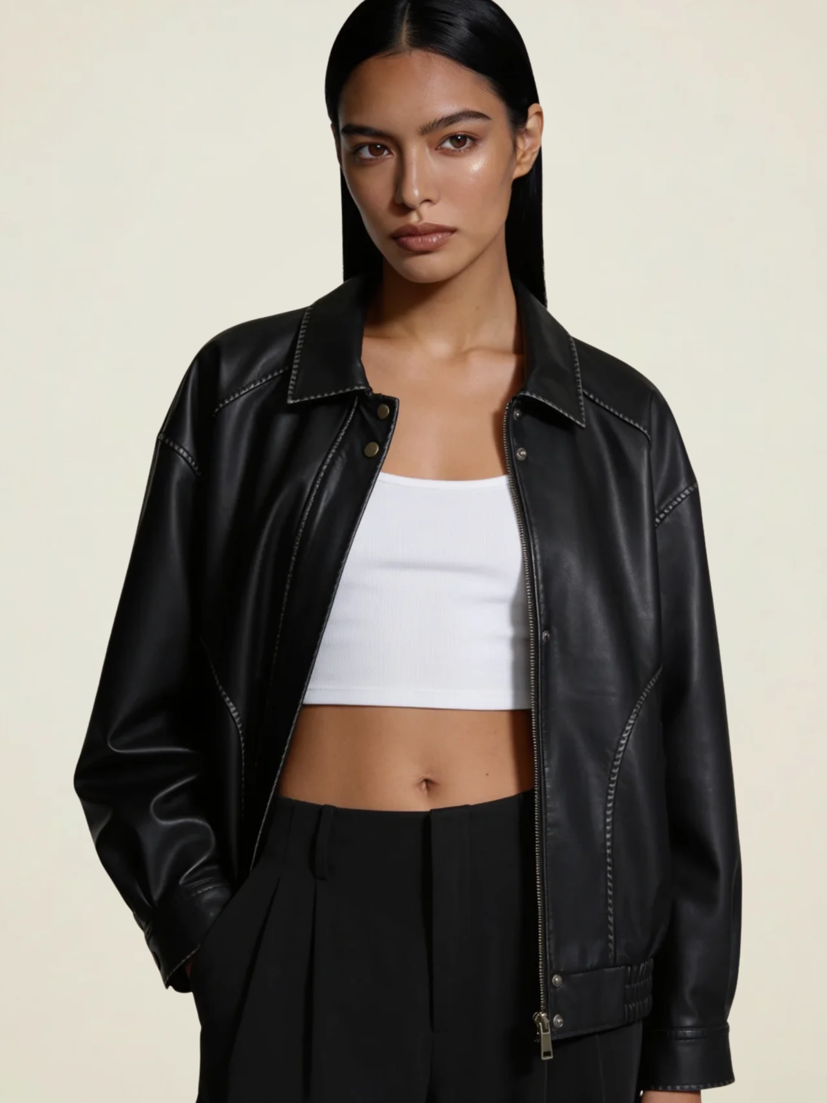 Contrast Stitch Leather Bomber