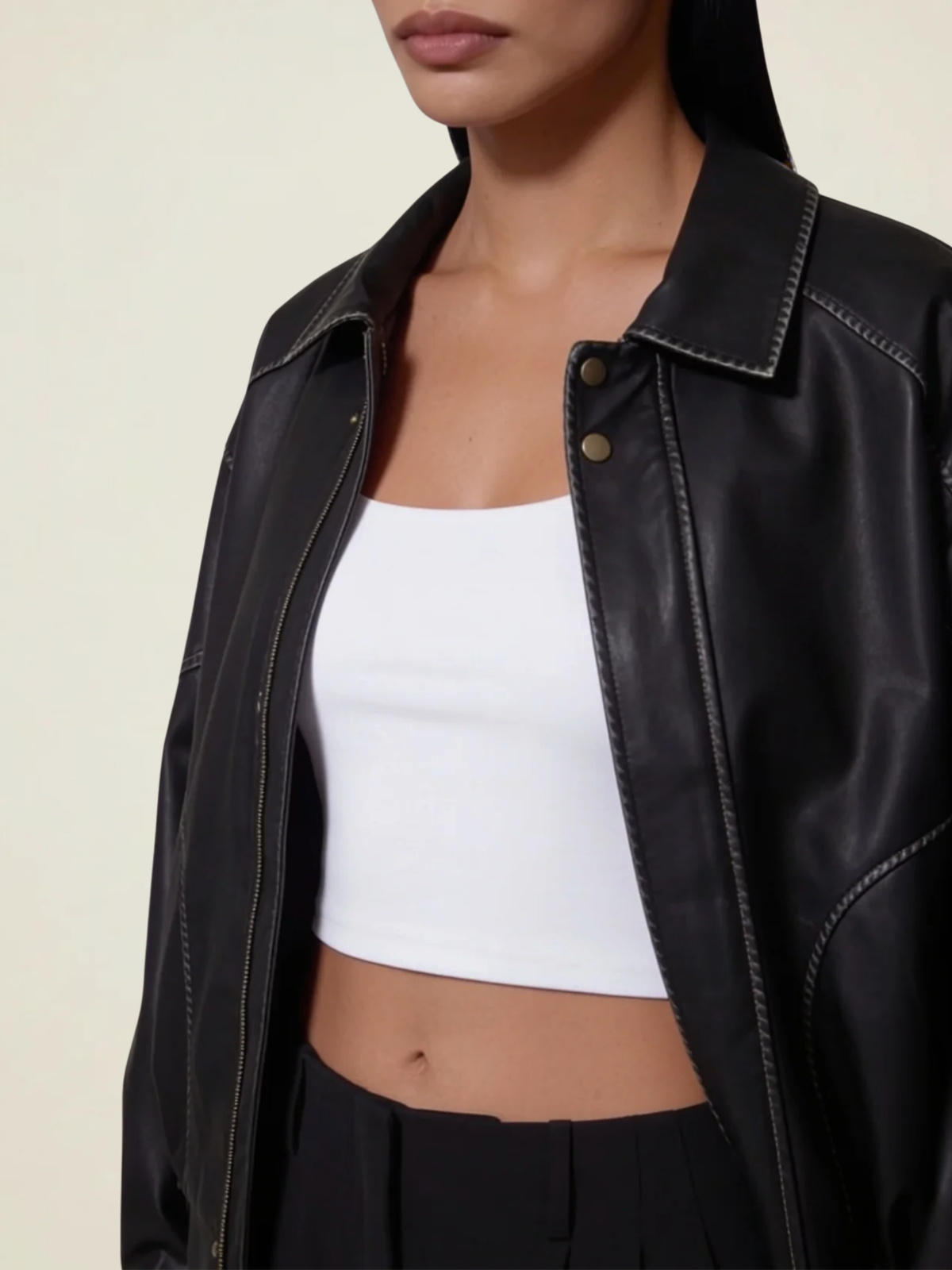 Contrast Stitch Leather Bomber