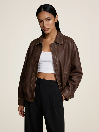 Contrast Stitch Leather Bomber