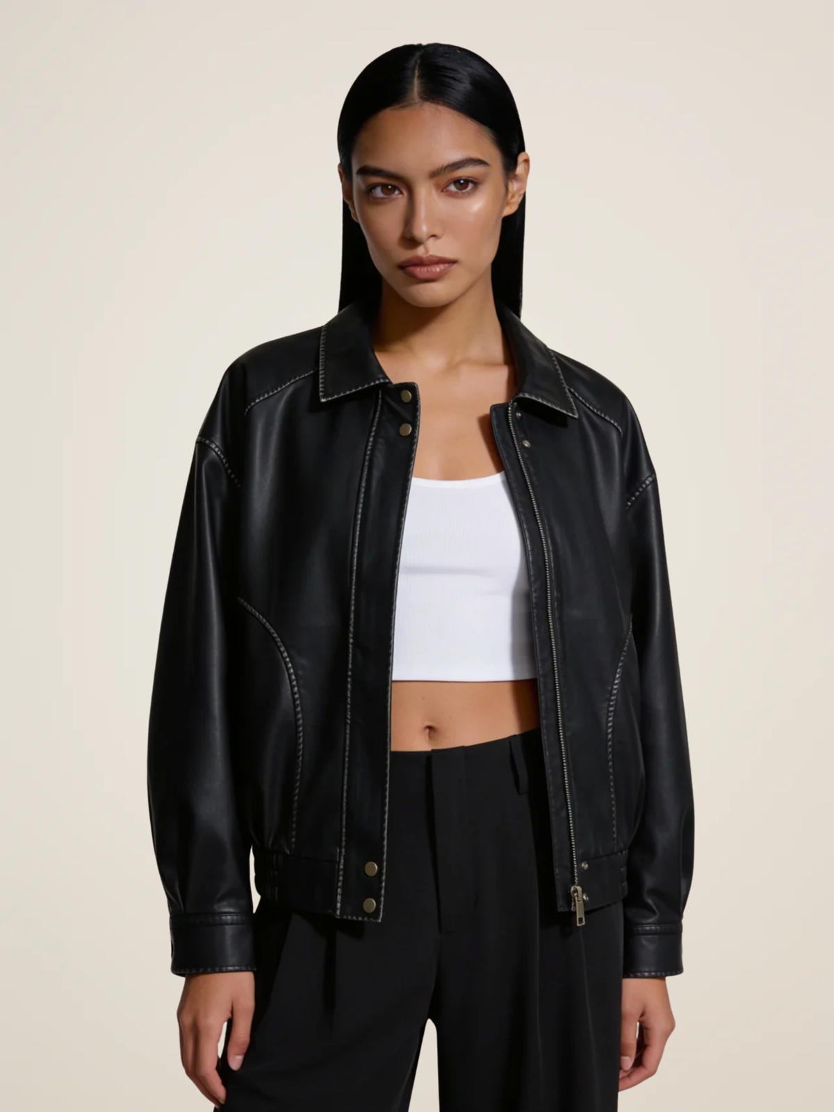 Contrast Stitch Leather Bomber