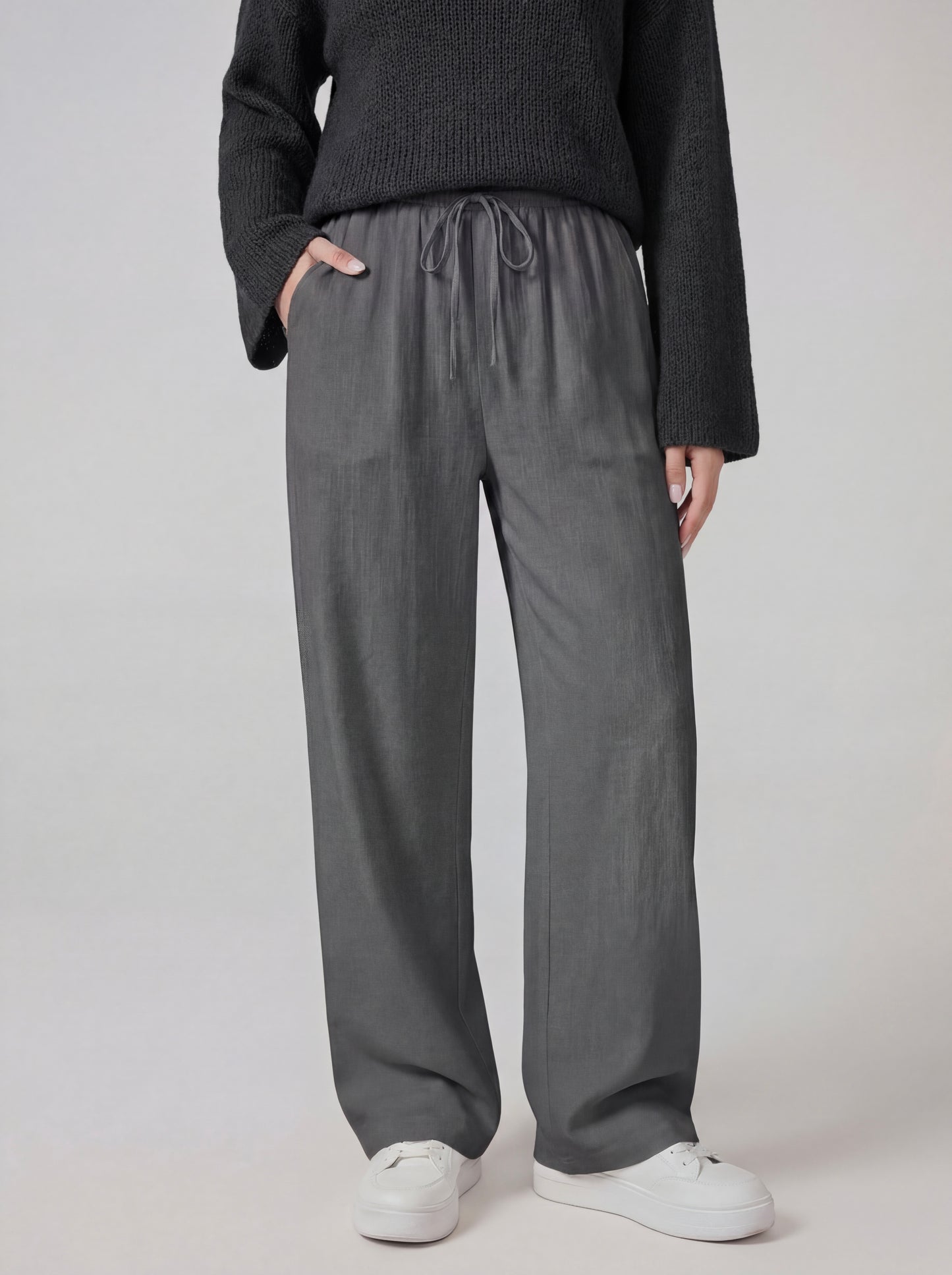 RE:VYBE Drawstring Wide Leg Trousers — relaxed minimalist pants with drawstring waist