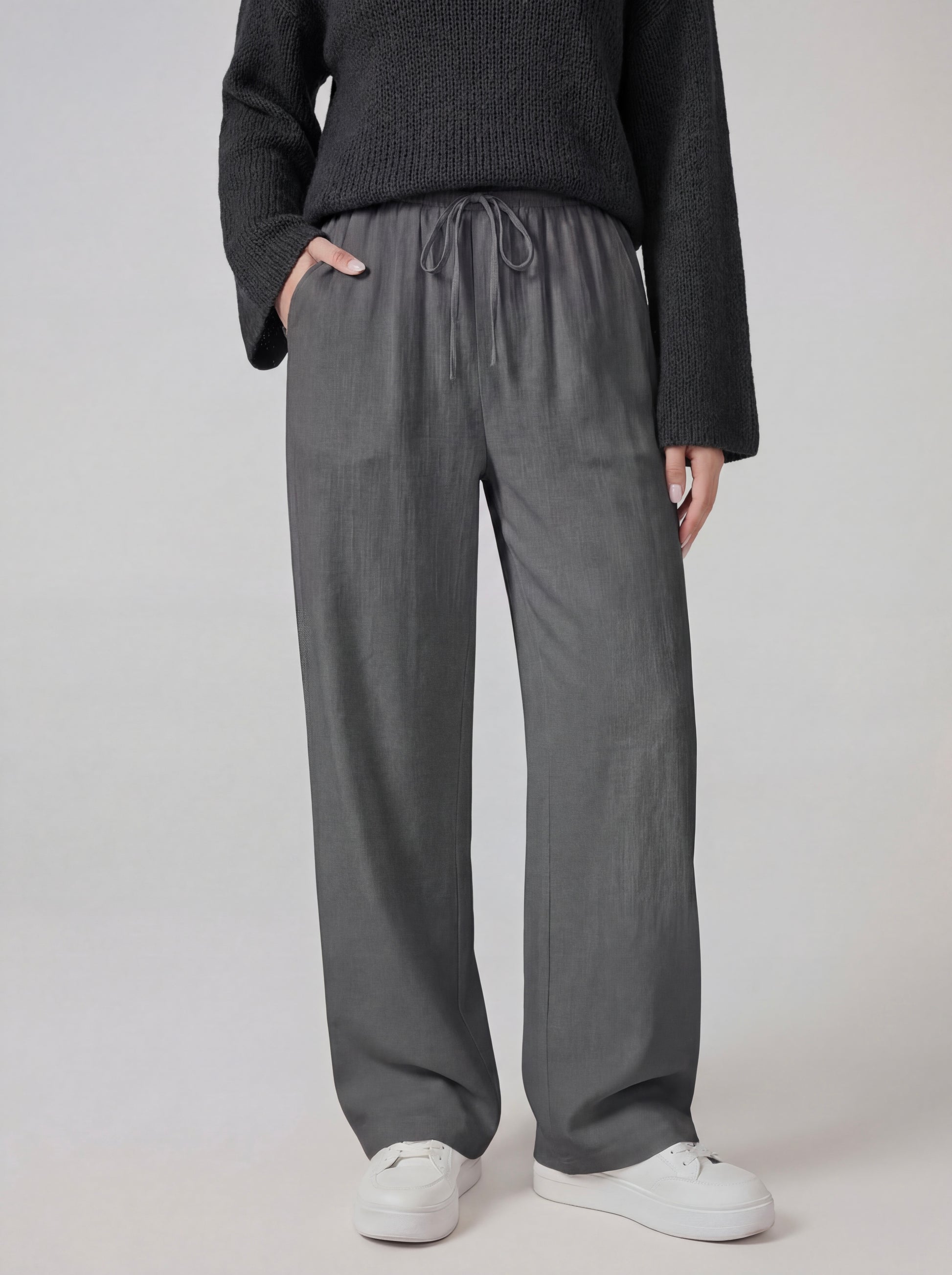 RE:VYBE Drawstring Wide Leg Trousers — relaxed minimalist pants with drawstring waist