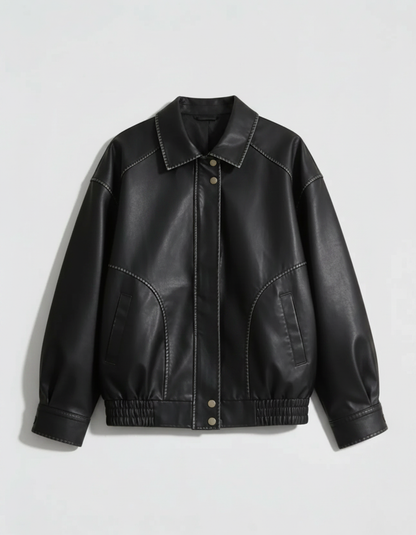 Contrast Stitch Leather Bomber