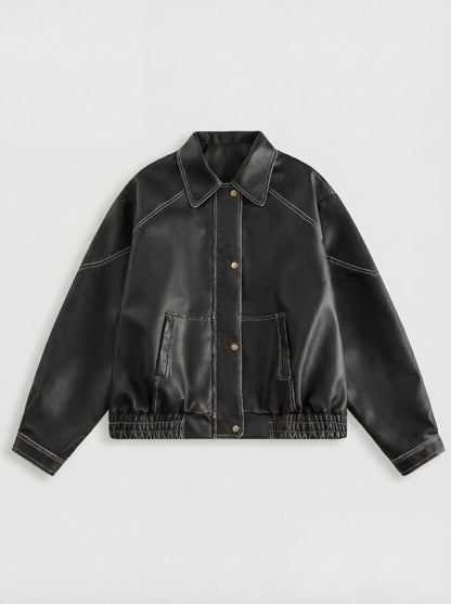 RE:VYBE Leather Bomber Jacket — cropped women's leather bomber with ribbed cuffs and hem