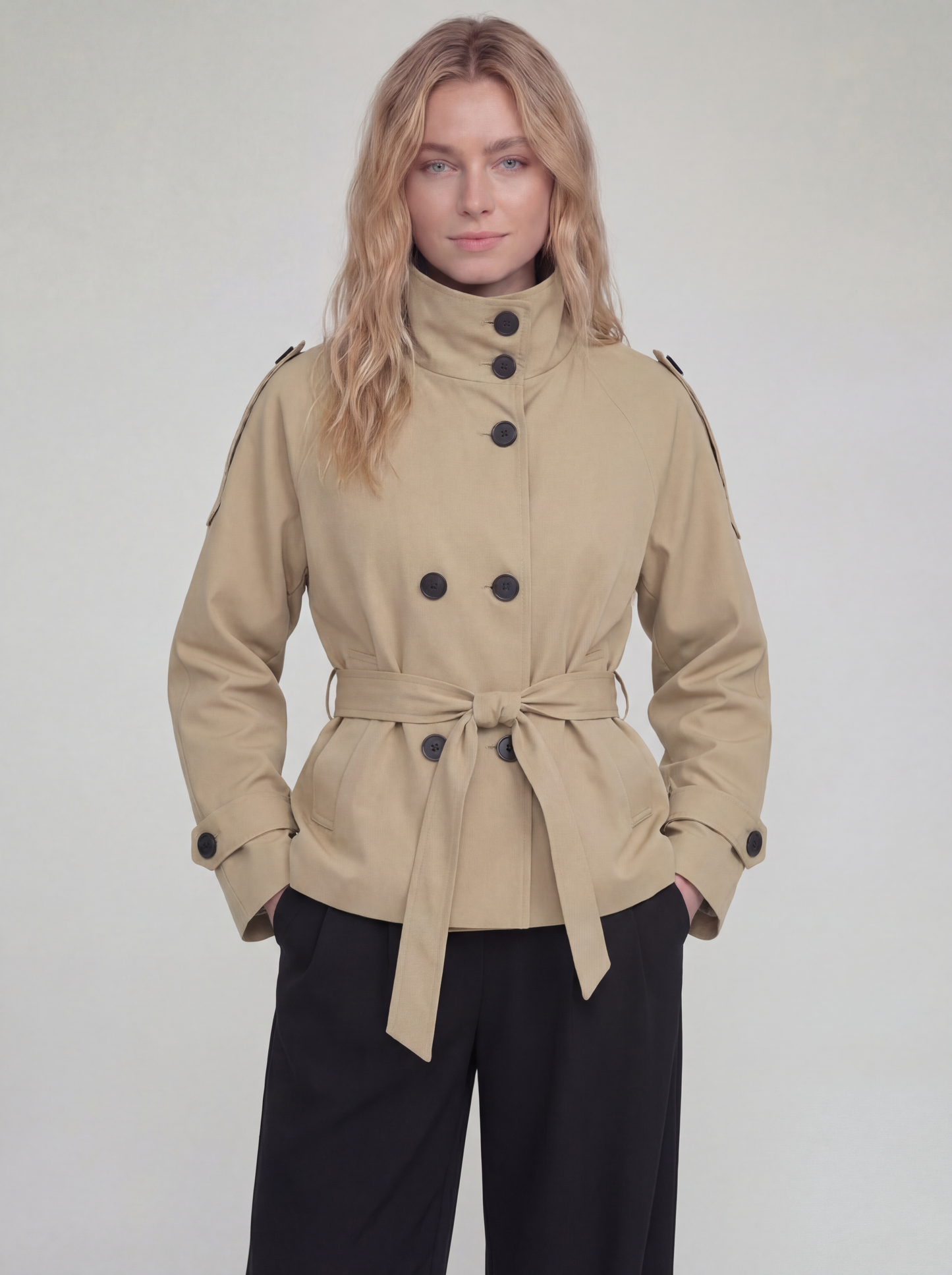 Woman wearing a beige trench coat with black buttons on a white background