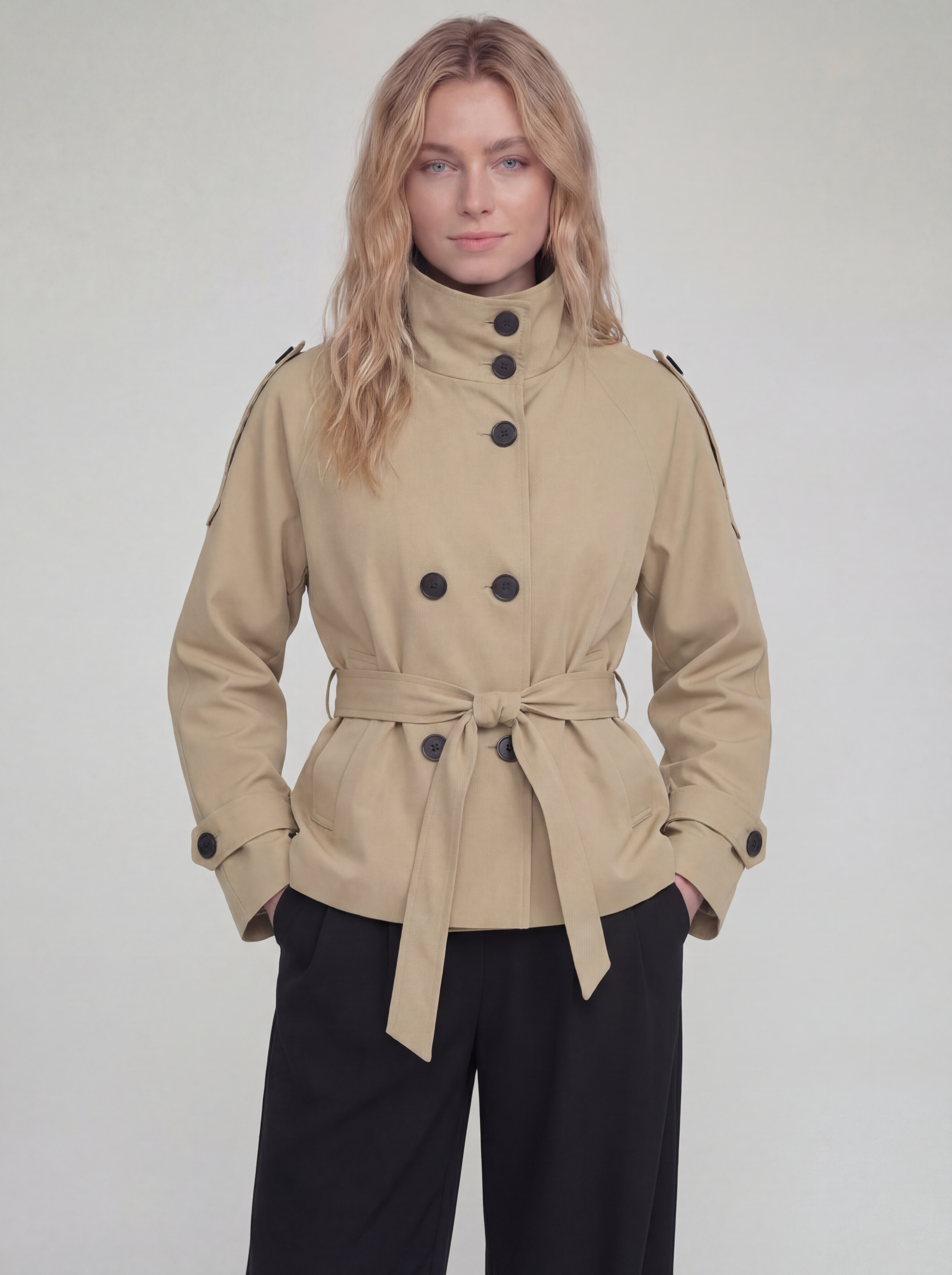 Woman wearing a beige trench coat with black buttons on a white background