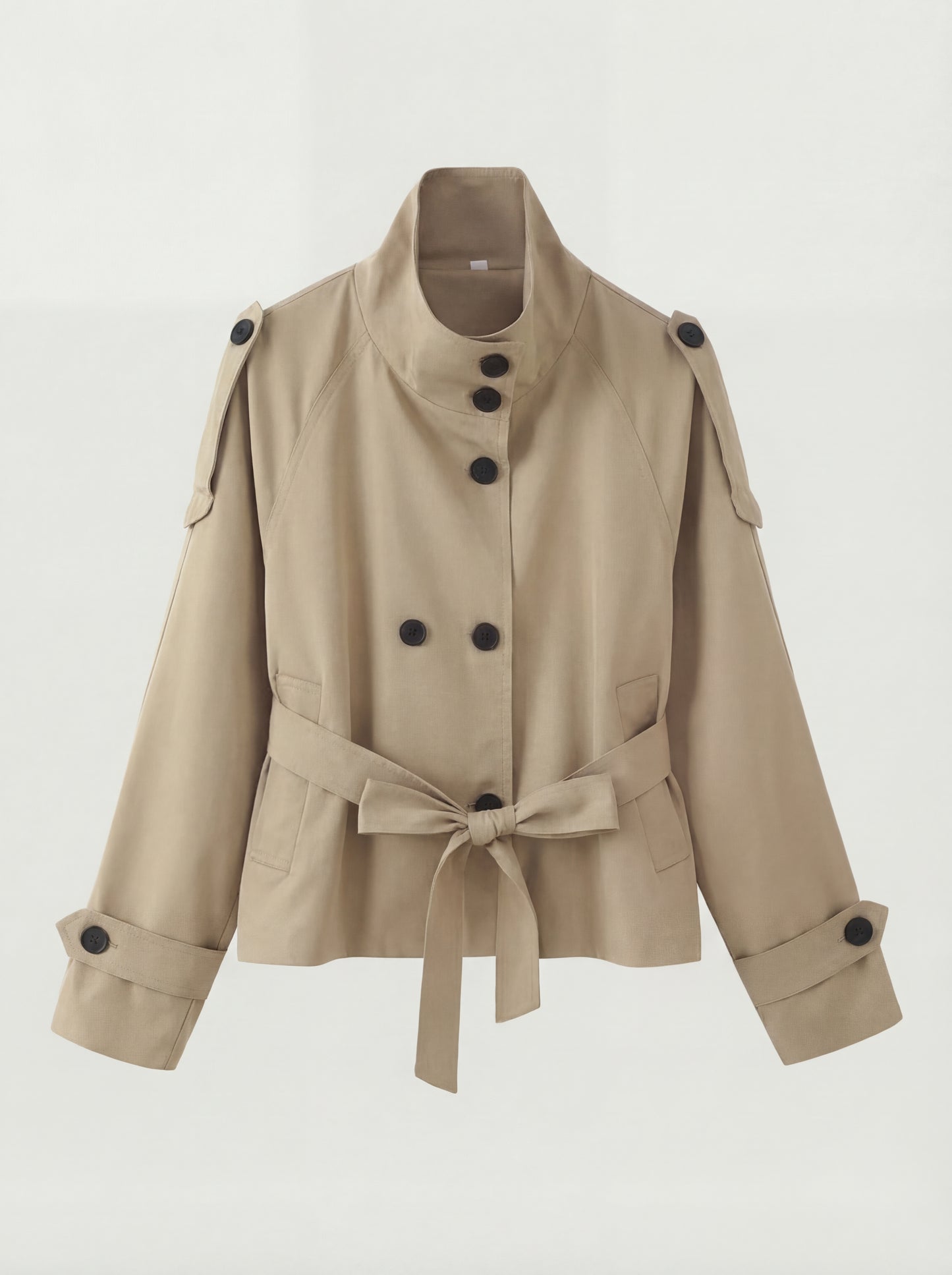 RE:VYBE Short Belted Trench Jacket — cropped minimalist women's trench with self-belt