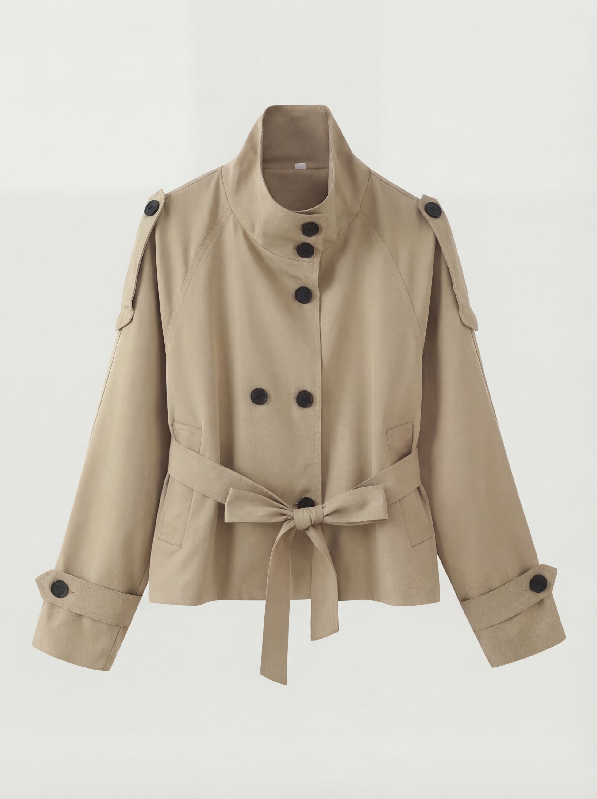 RE:VYBE Short Belted Trench Jacket — cropped minimalist women's trench with self-belt