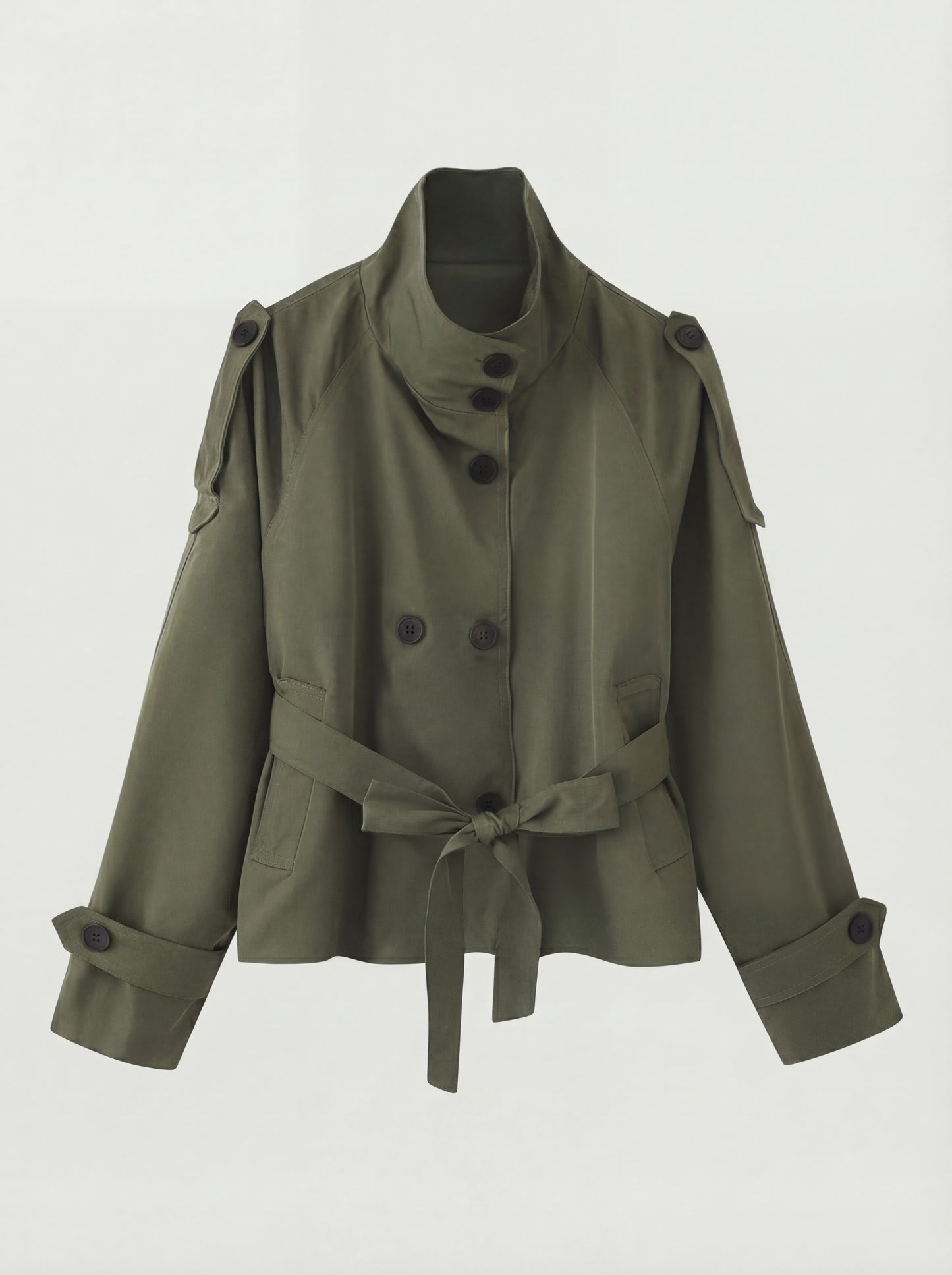 RE:VYBE Short Belted Trench Jacket — cropped minimalist women's trench with self-belt