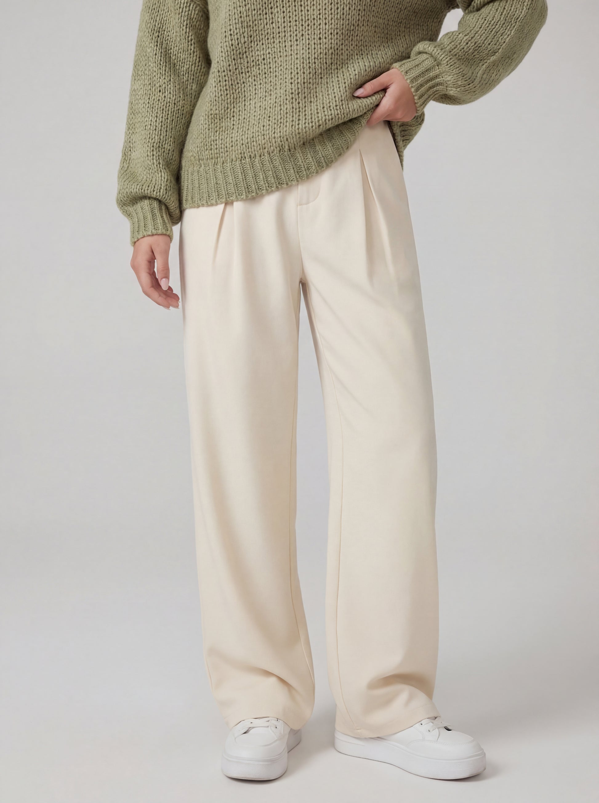 RE:VYBE High Waist Pleated Wide Leg Trousers — front-pleated minimalist women's trousers