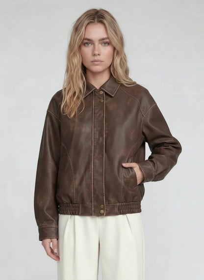 Contrast Stitch Leather Bomber