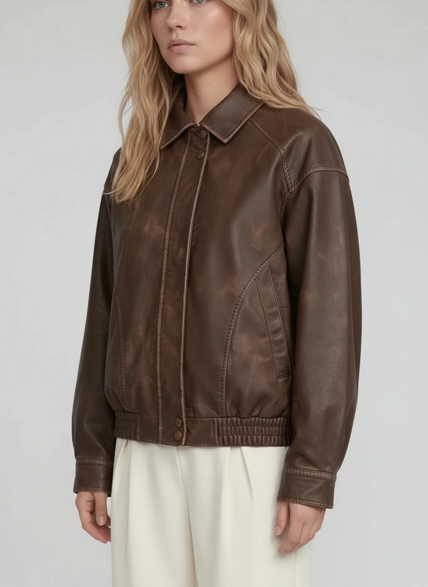 Contrast Stitch Leather Bomber