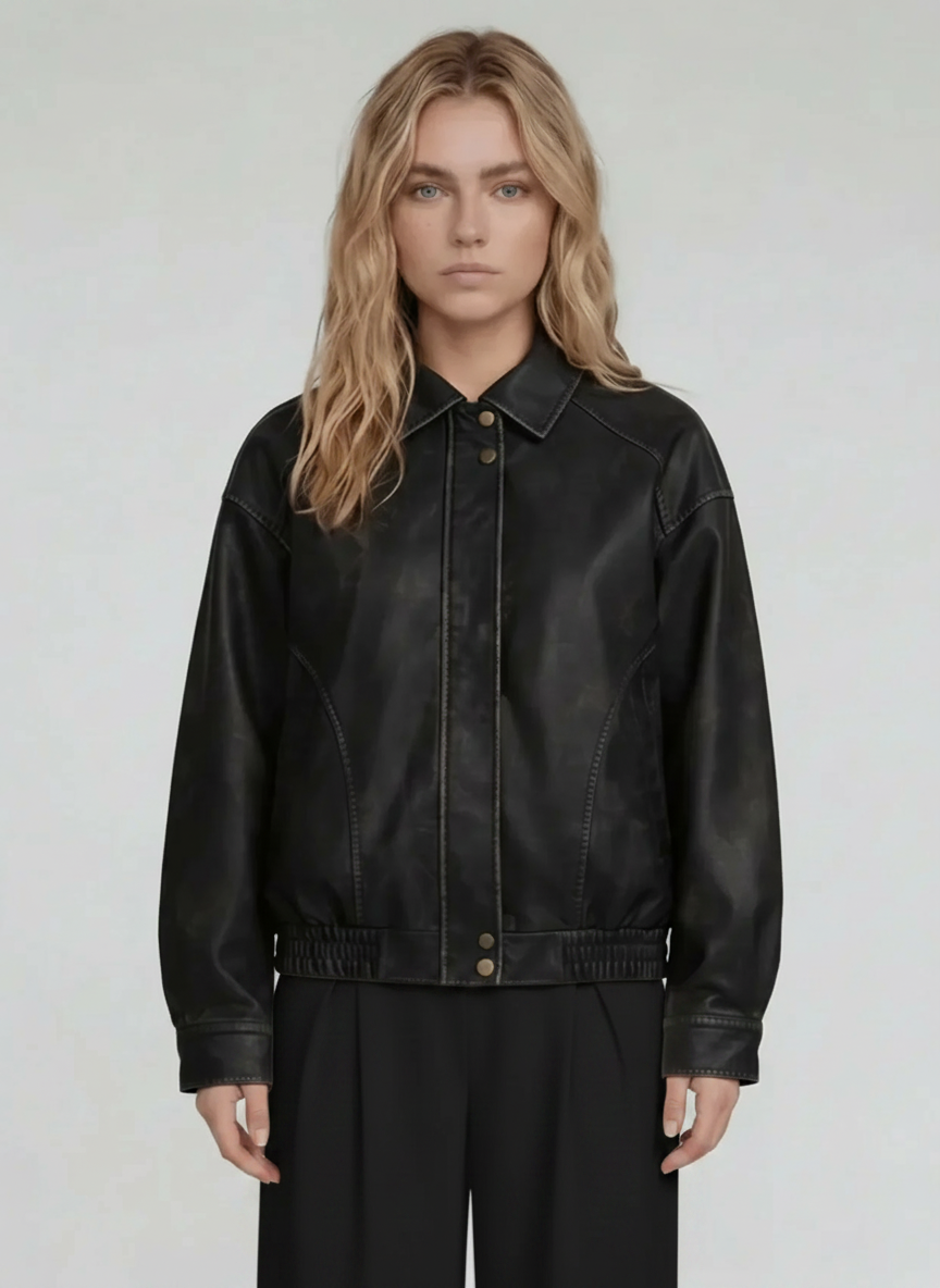Contrast Stitch Leather Bomber