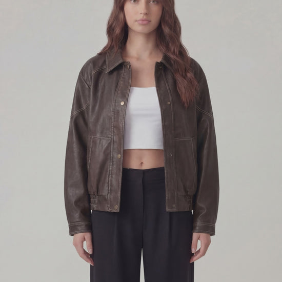 RE:VYBE Leather Bomber Jacket — cropped women's leather bomber with ribbed cuffs and hem
