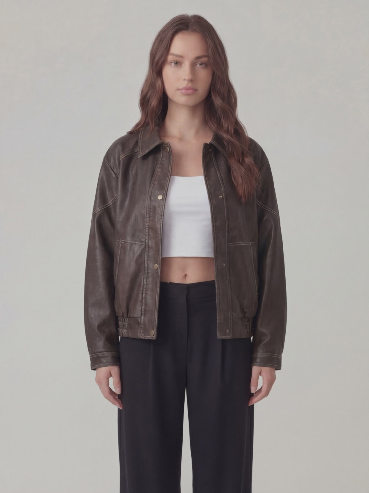 RE:VYBE Leather Bomber Jacket — cropped women's leather bomber with ribbed cuffs and hem