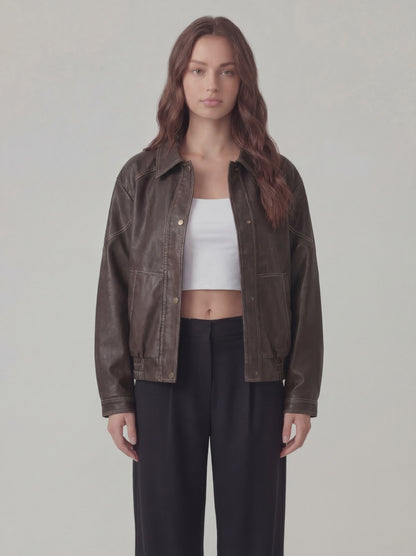 RE:VYBE Leather Bomber Jacket — cropped women's leather bomber with ribbed cuffs and hem