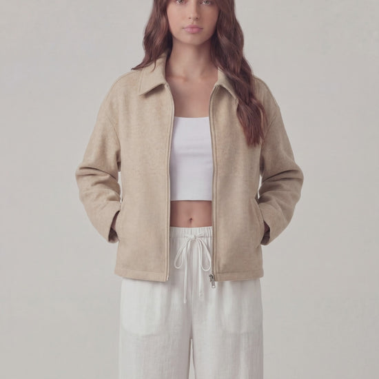 RE:VYBE Collared Zip Jacket with interior lining — structured minimalist women's outerwear