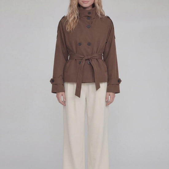 RE:VYBE Short Belted Trench Jacket — cropped minimalist women's trench with self-belt