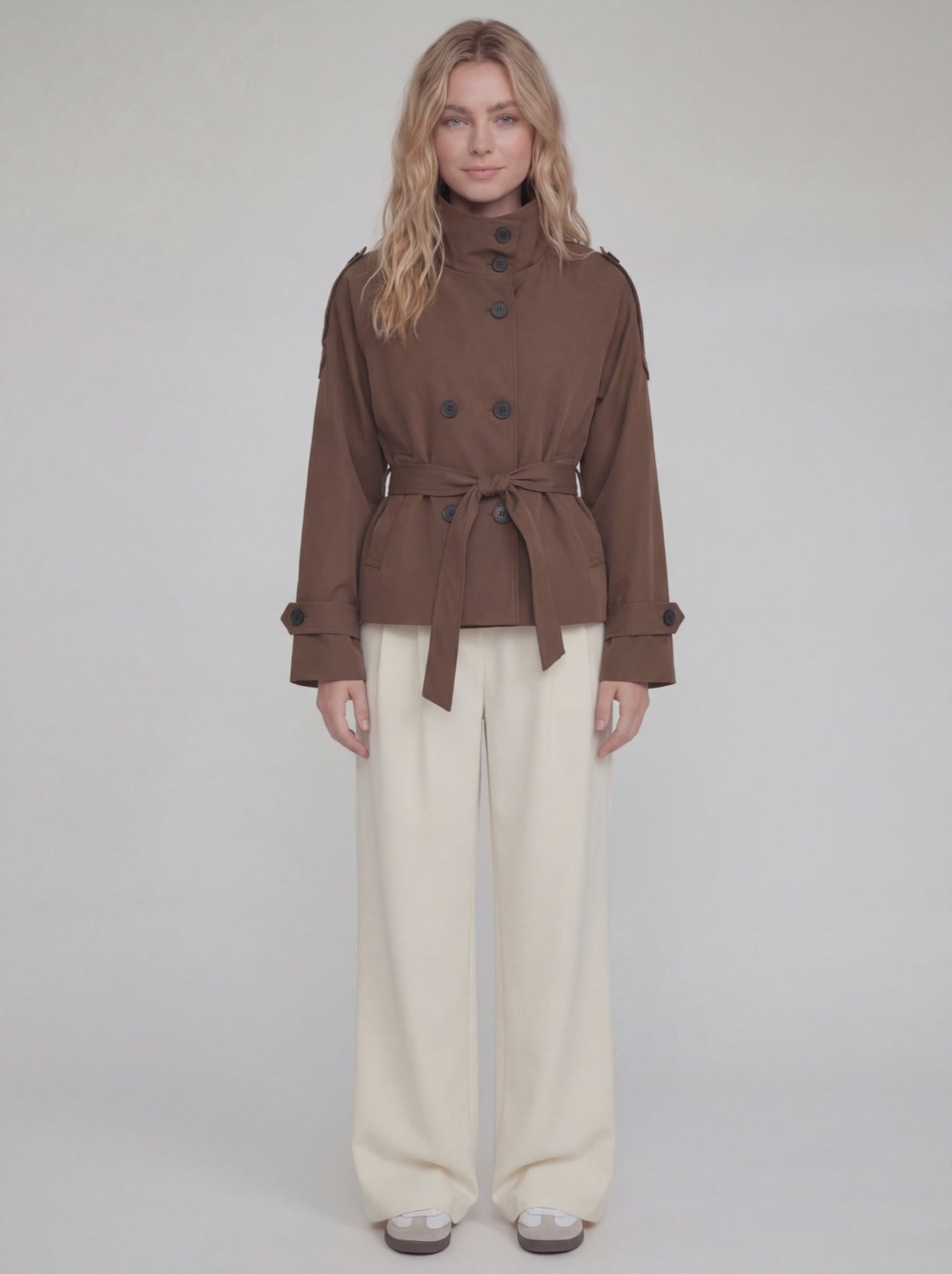 RE:VYBE Short Belted Trench Jacket — cropped minimalist women's trench with self-belt