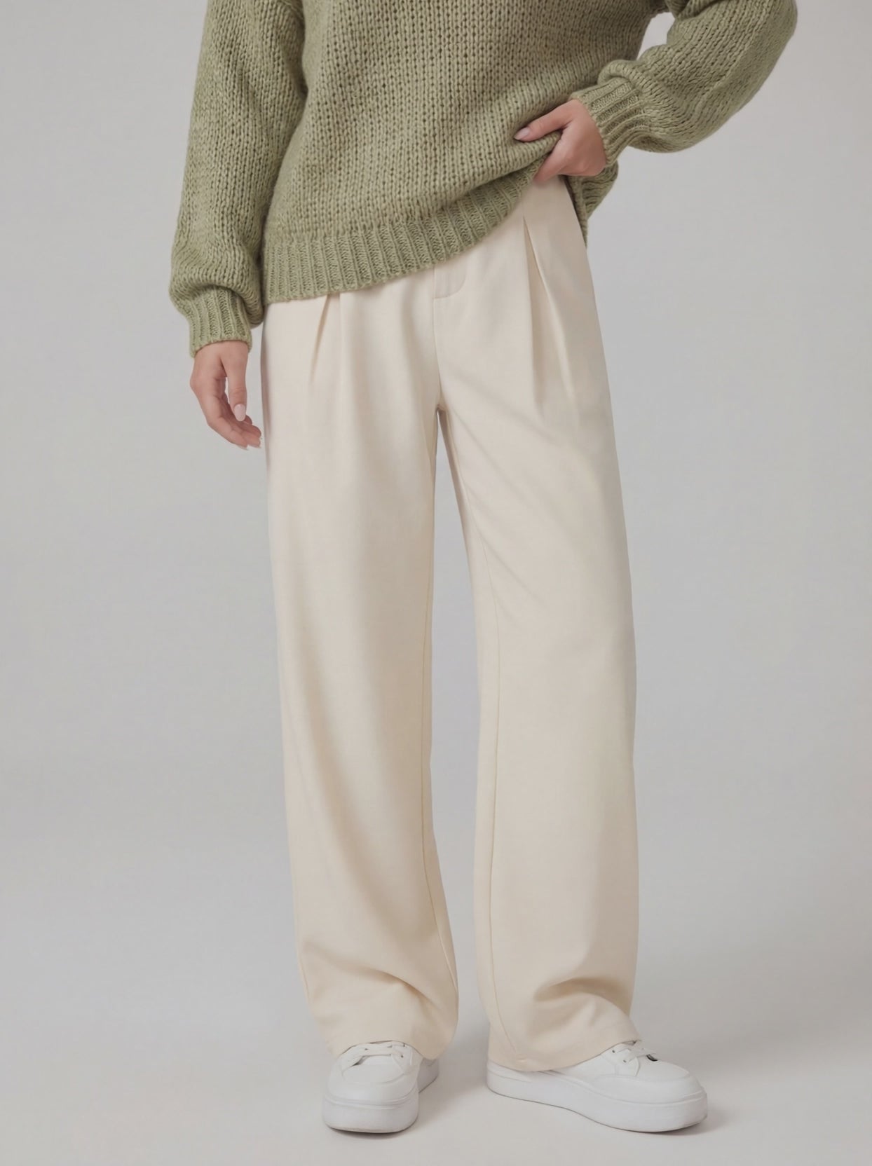RE:VYBE High Waist Pleated Wide Leg Trousers — front-pleated minimalist women's trousers