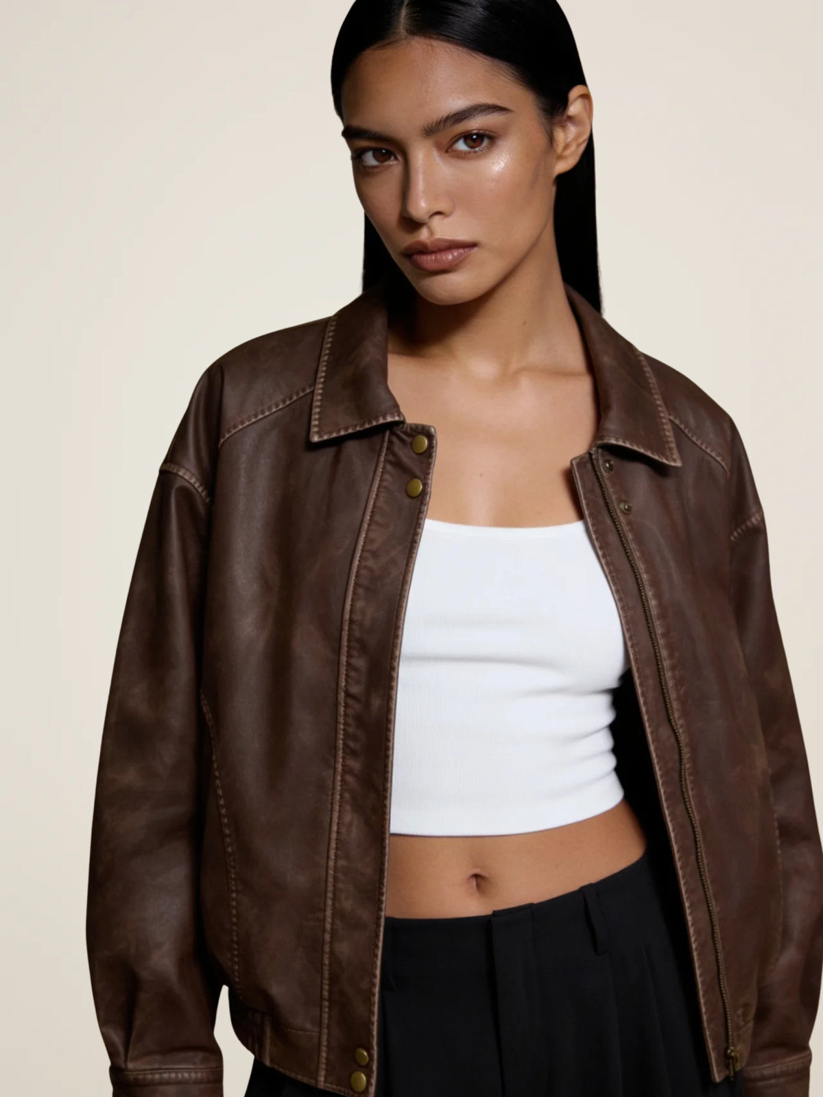 Contrast Stitch Leather Bomber